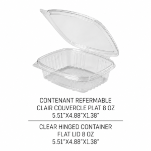 CONTENANT REFERMABLE CLAIR COUVERCLE PLAT 8 OZ / HIGH FLAT HINGED LID CLEAR CONTAINER 8 OZ