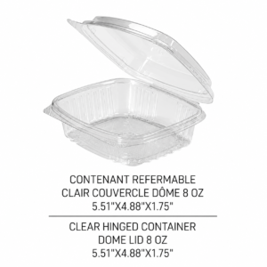 CONTENANT REFERMABLE CLAIR COUVERCLE DÔME 8 OZ / HIGH DOME HINGED LID CLEAR CONTAINER 8 OZ