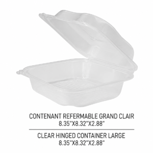 CONTENANT REFERMABLE GRAND CLAIR 8.35"X8.32"X2.88" /LARGE CLEAR HINGED CONTAINER